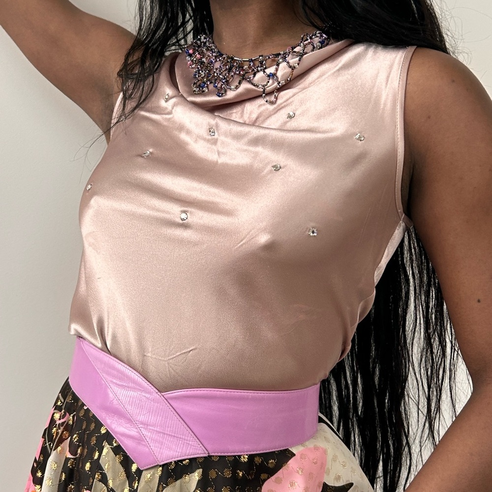 Vintage 90s Dusty Lavender Crystal Jeweled Cowl Neck Tank